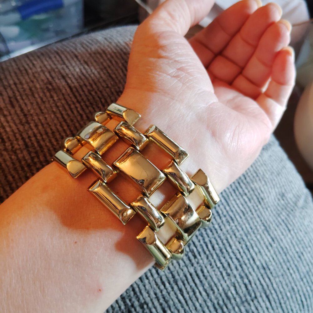 Chunky Gold Plated Bracelet 7" x 1.5" Wide Heavy Shine Vintage Style